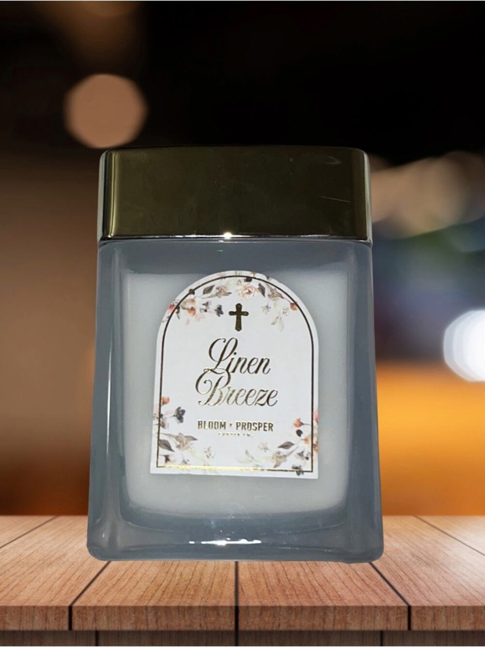 NEW! Bloom & Prosper Linen Breeze Gold Cross Jar Candle 9.4oz